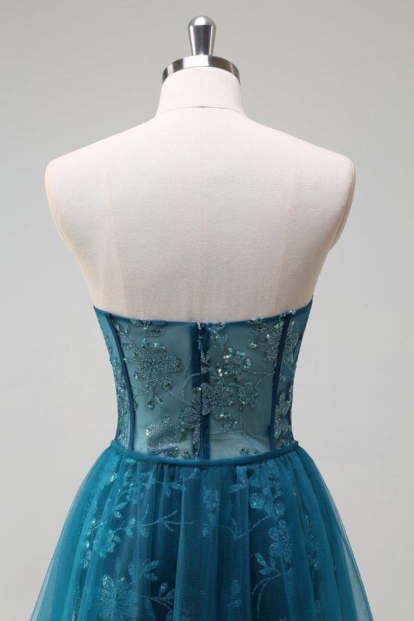 Sparkly Peacock Blue Strapless Corset Prom Dress with Detachable Tulle - Image 5