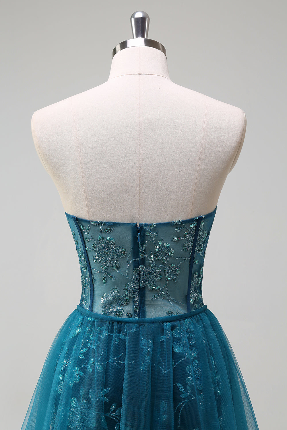 Sparkly Peacock Blue Strapless Corset Prom Dress with Detachable Tulle - Image 5