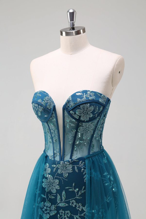 Sparkly Peacock Blue Strapless Corset Prom Dress with Detachable Tulle - Image 6