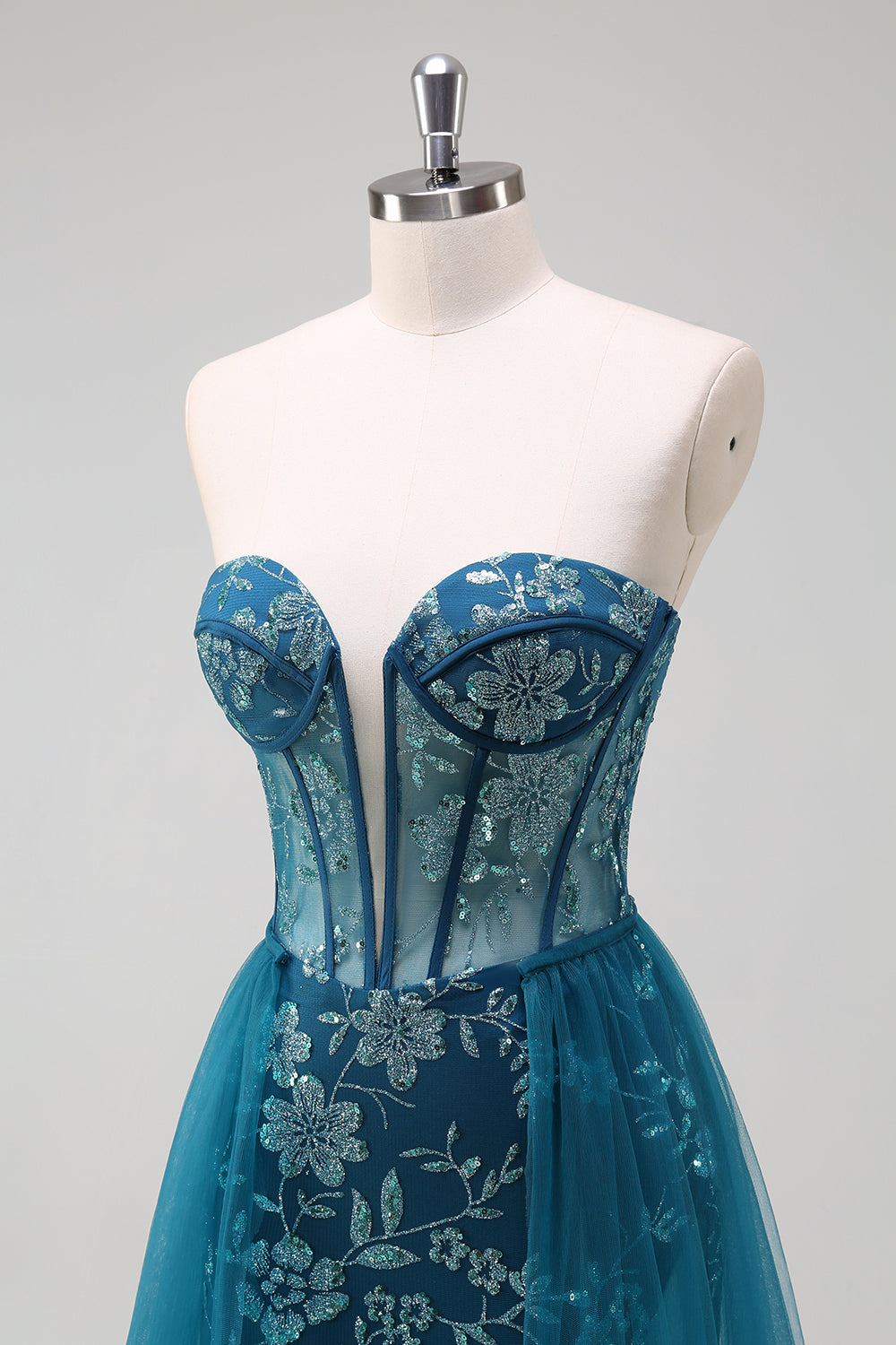 Sparkly Peacock Blue Strapless Corset Prom Dress with Detachable Tulle - Image 6