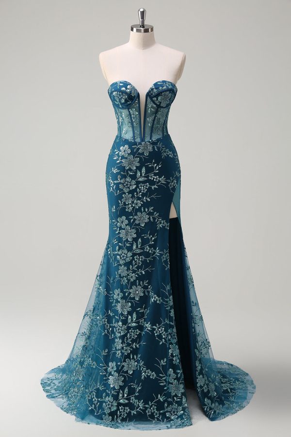 Sparkly Peacock Blue Strapless Corset Prom Dress with Detachable Tulle - Image 7