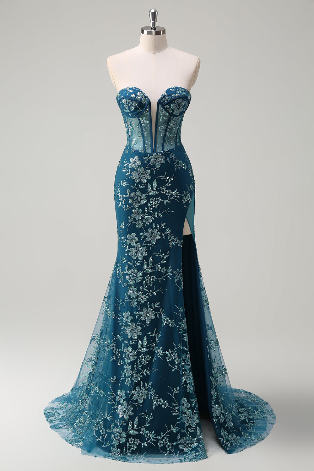 Sparkly Peacock Blue Strapless Corset Prom Dress with Detachable Tulle - Image 7