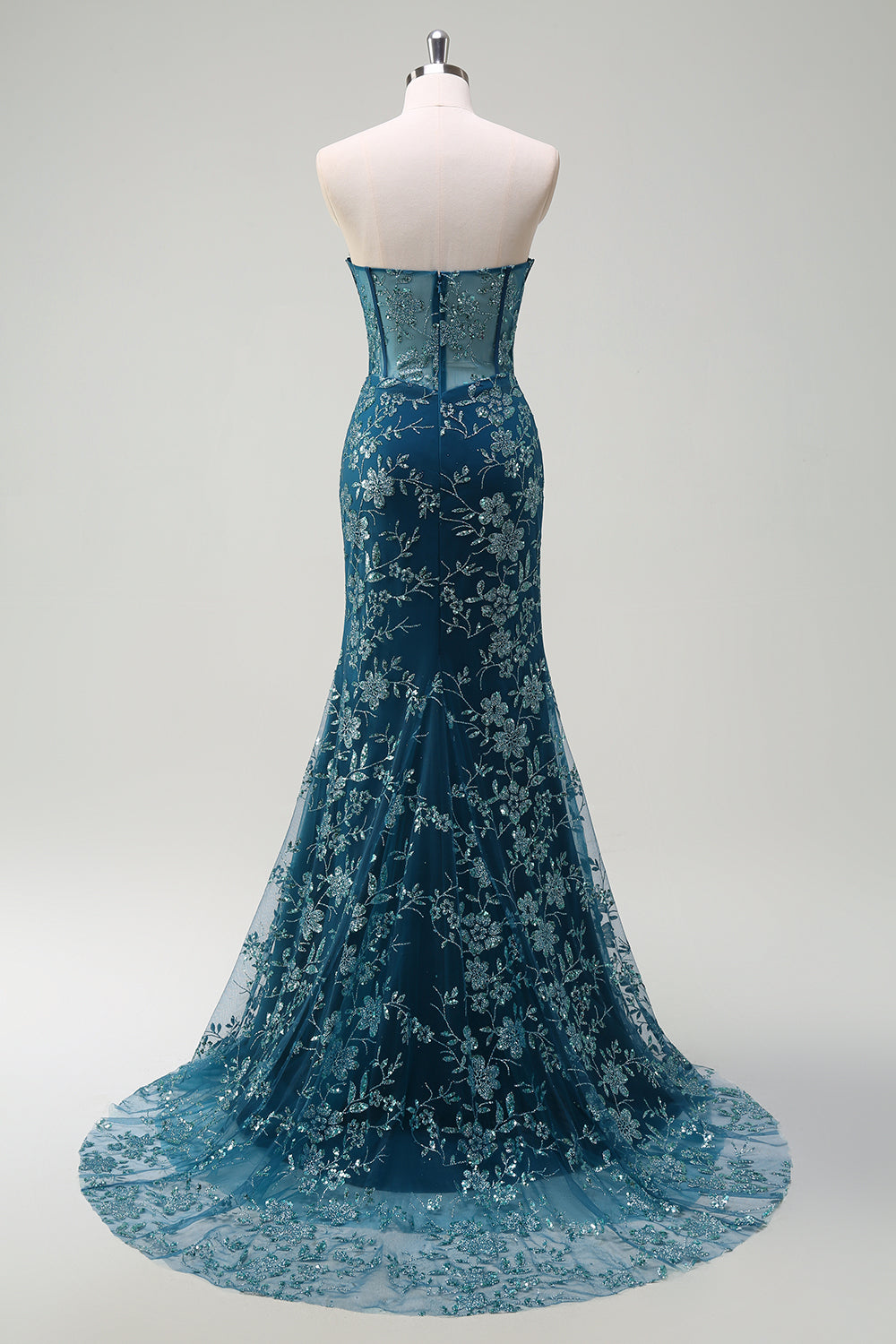 Sparkly Peacock Blue Strapless Corset Prom Dress with Detachable Tulle - Image 8
