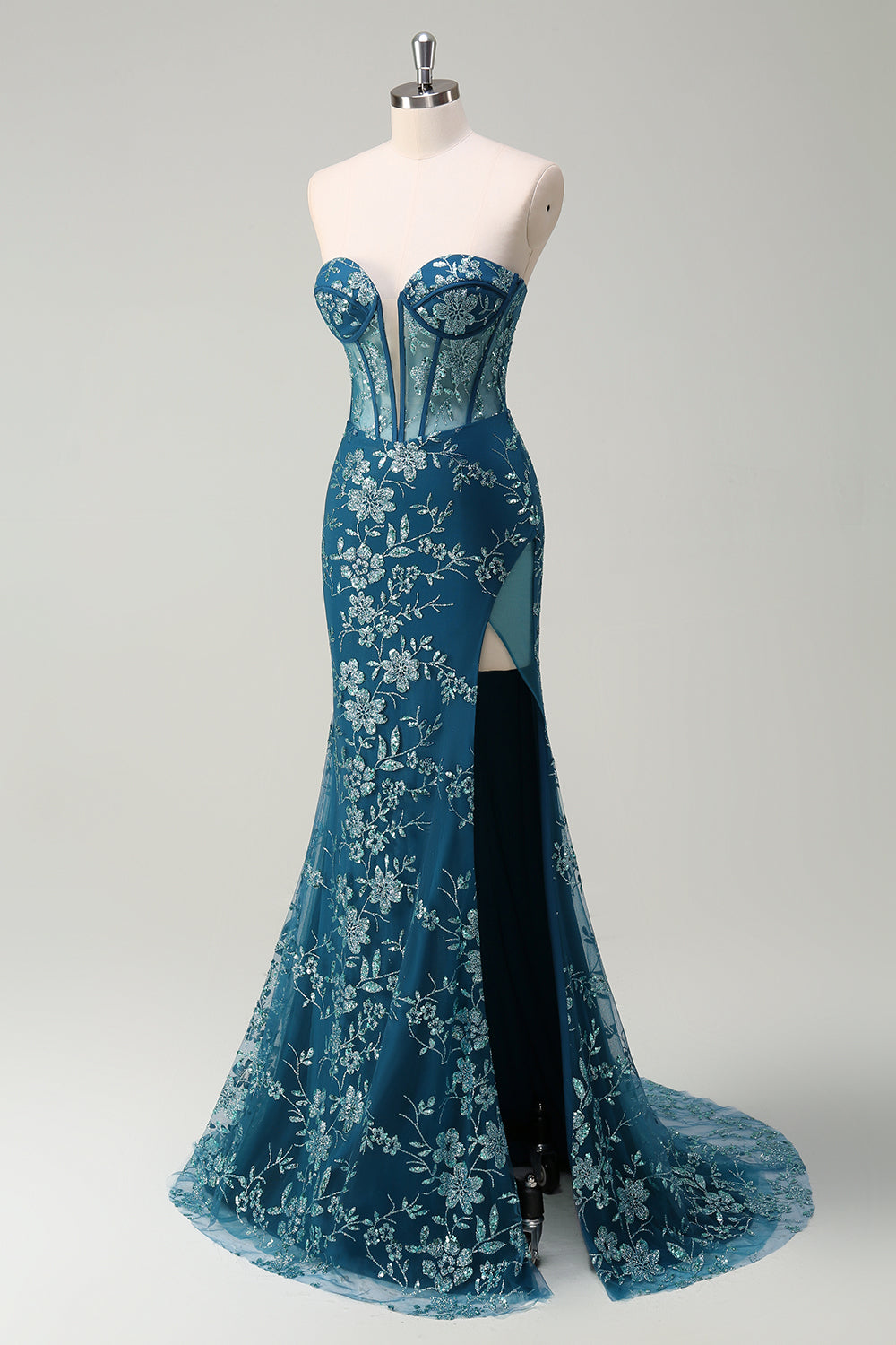 Sparkly Peacock Blue Strapless Corset Prom Dress with Detachable Tulle - Image 9