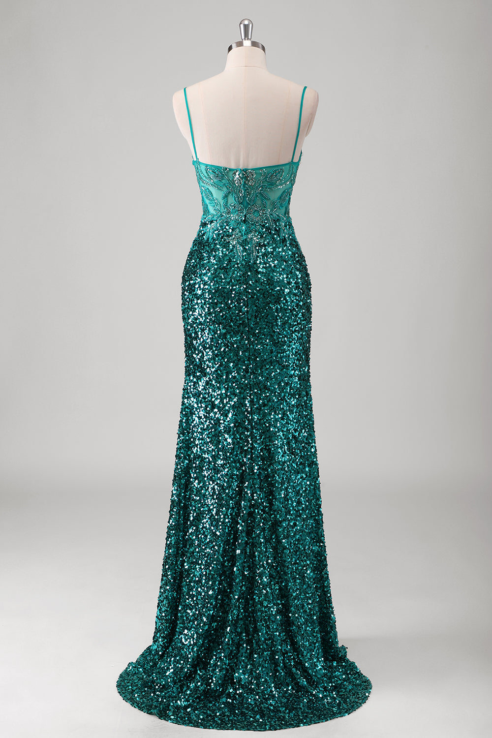 Sparkly Peacock Green Spaghetti Straps Mermaid Prom Dress with Slit - Image 2