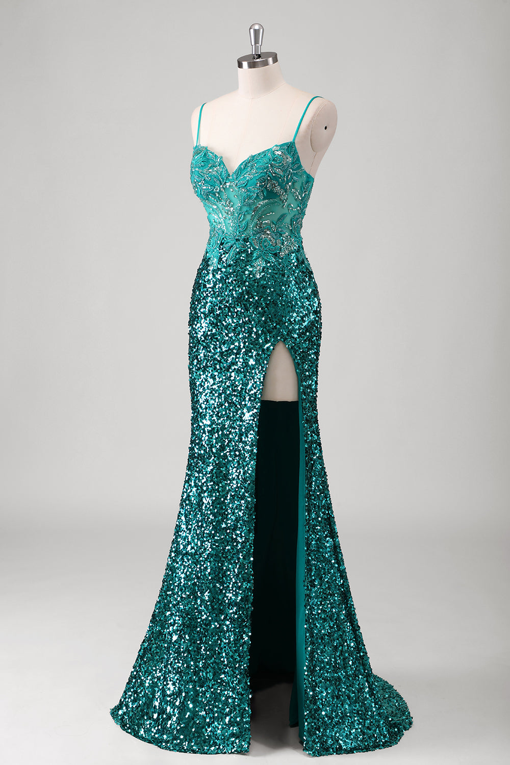 Sparkly Peacock Green Spaghetti Straps Mermaid Prom Dress with Slit - Image 3