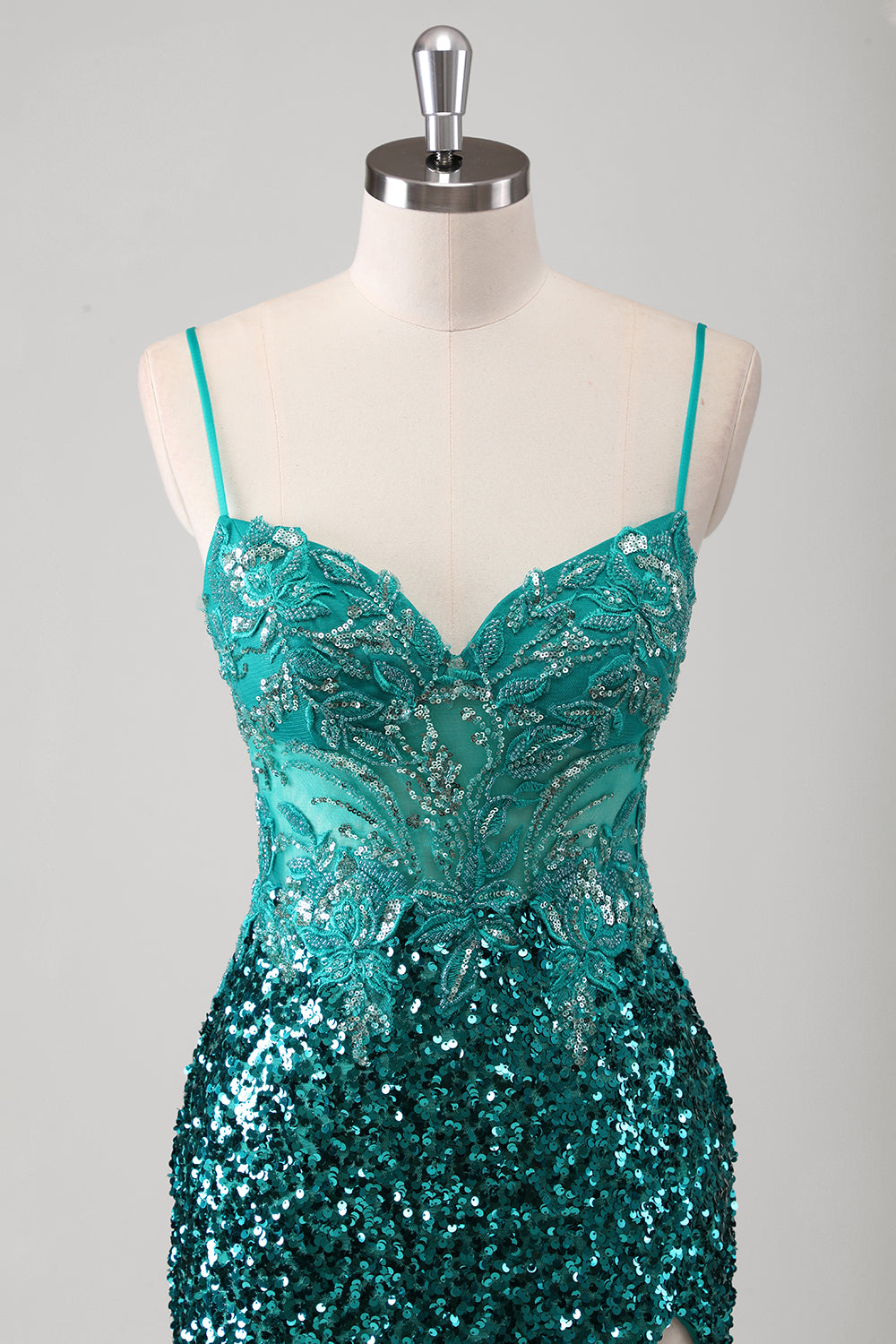 Sparkly Peacock Green Spaghetti Straps Mermaid Prom Dress with Slit - Image 4
