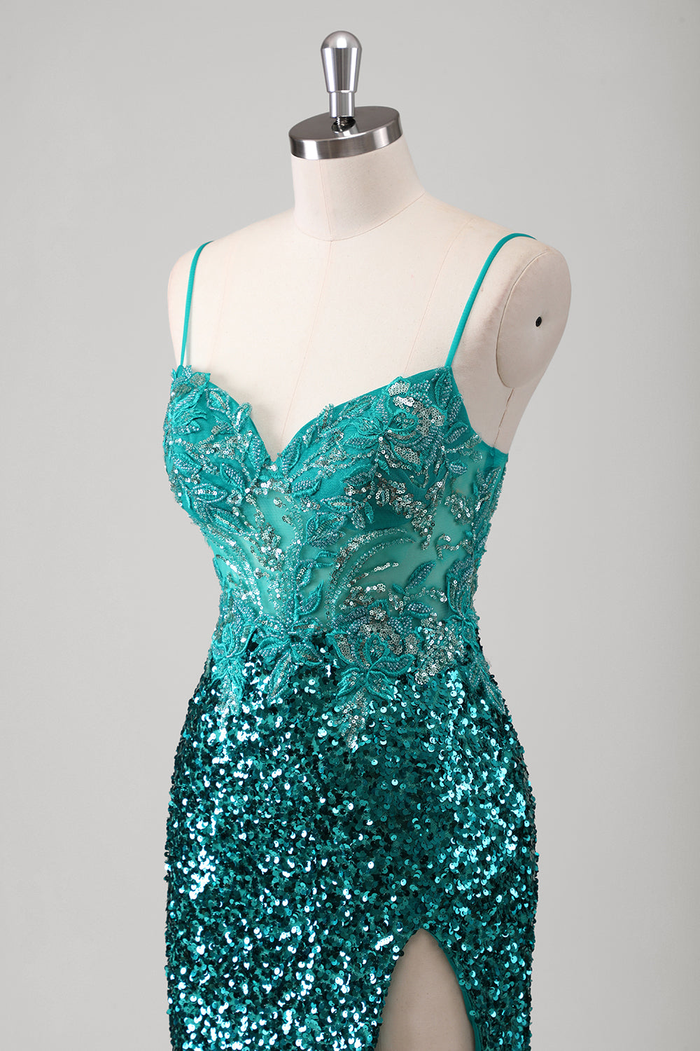 Sparkly Peacock Green Spaghetti Straps Mermaid Prom Dress with Slit - Image 6