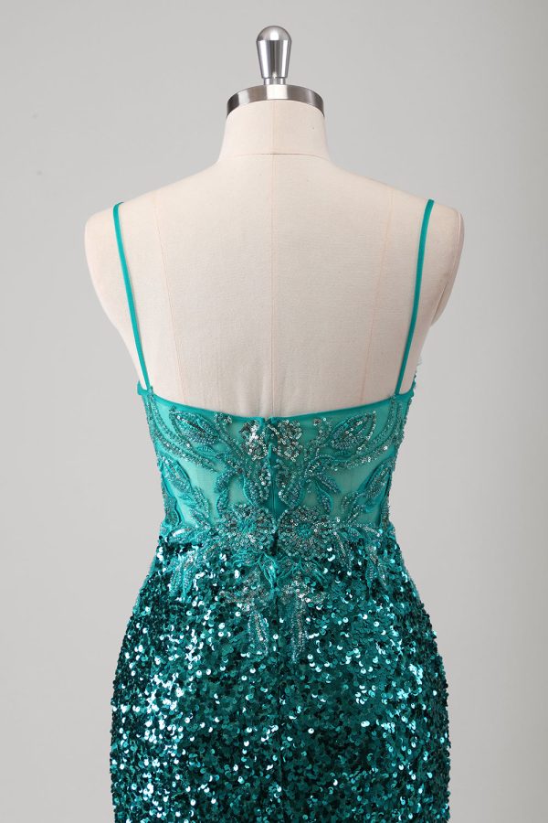 Sparkly Peacock Green Spaghetti Straps Mermaid Prom Dress with Slit - Image 5