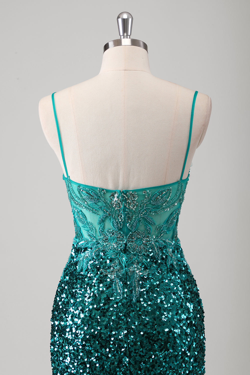 Sparkly Peacock Green Spaghetti Straps Mermaid Prom Dress with Slit - Image 5