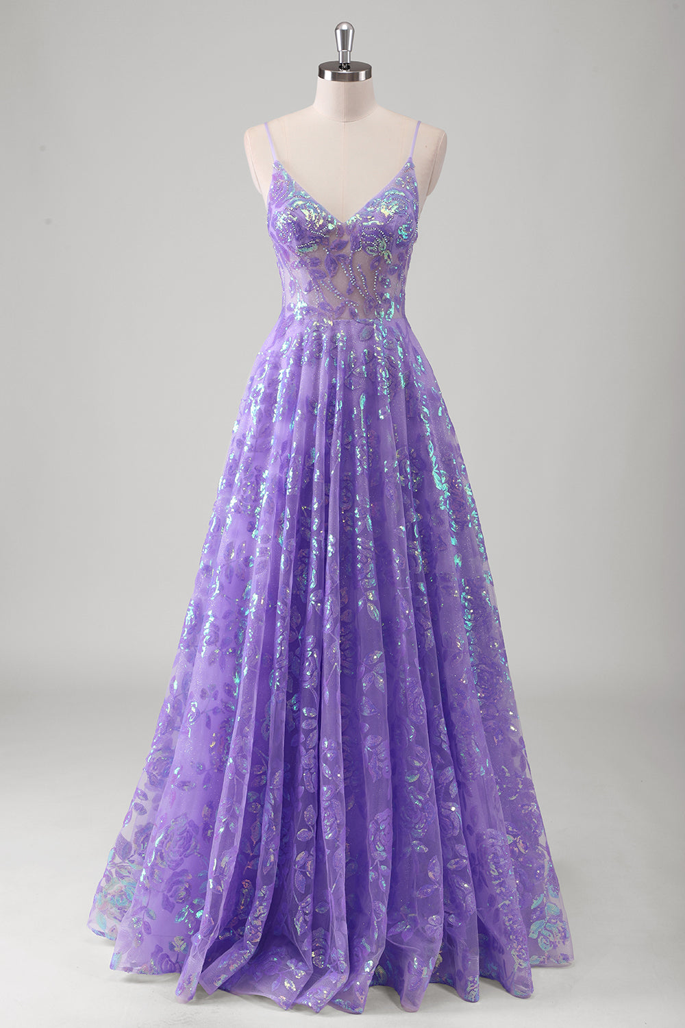 Sparkly Purple A Line Pleated Spaghetti Straps Prom Dress - Image 1