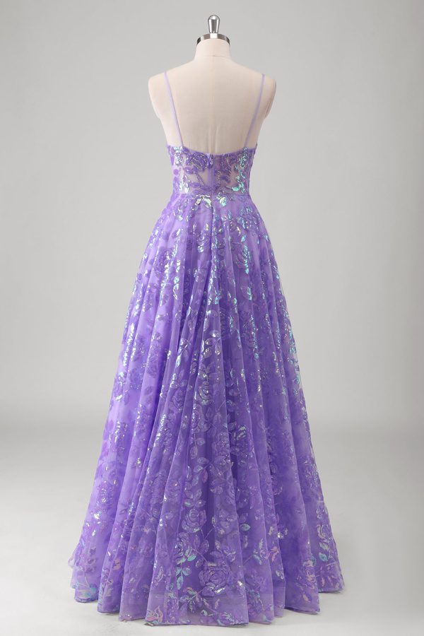 Sparkly Purple A Line Pleated Spaghetti Straps Prom Dress - Image 2