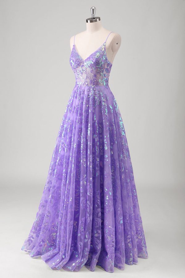 Sparkly Purple A Line Pleated Spaghetti Straps Prom Dress - Image 3