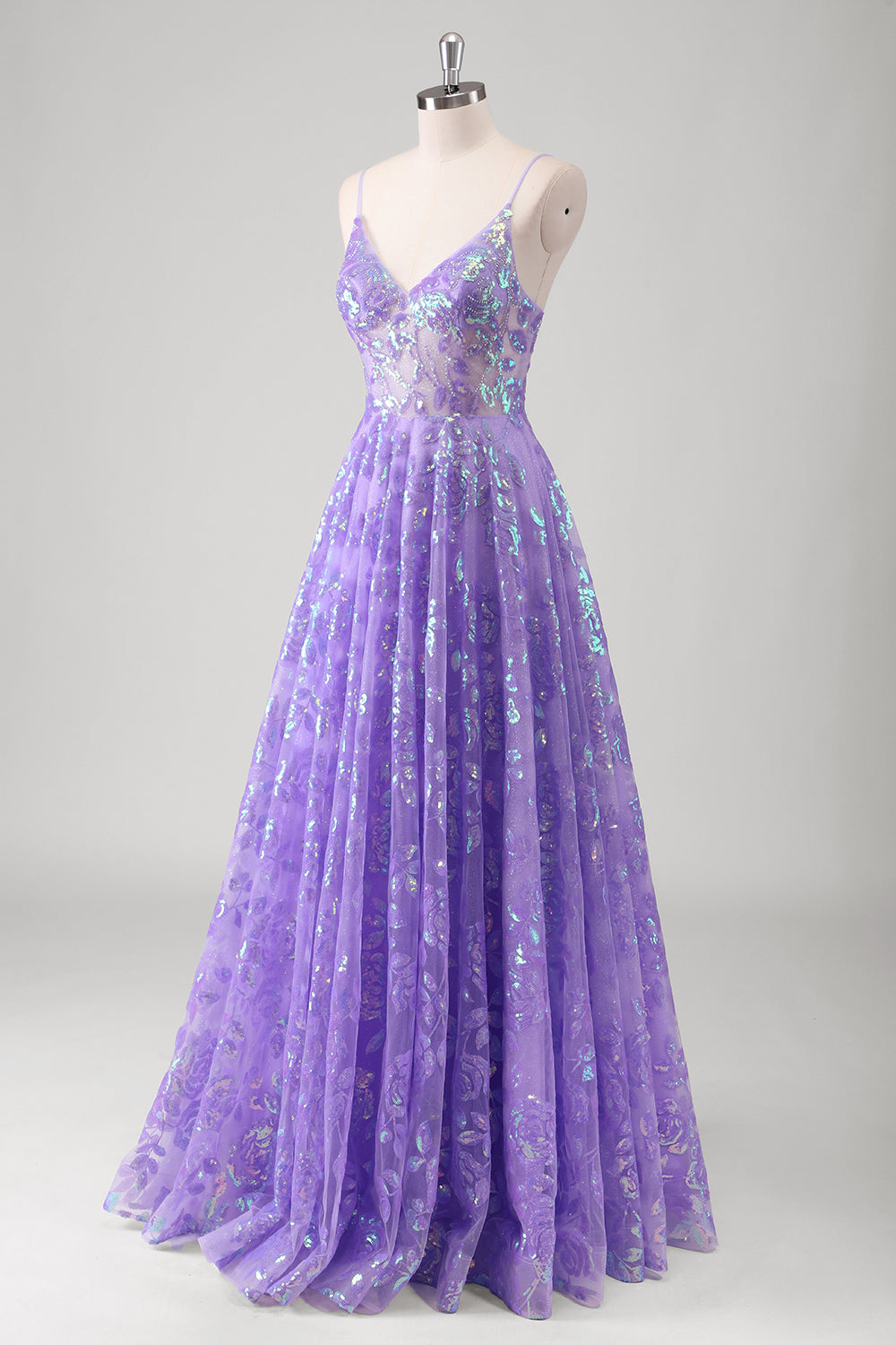 Sparkly Purple A Line Pleated Spaghetti Straps Prom Dress - Image 3