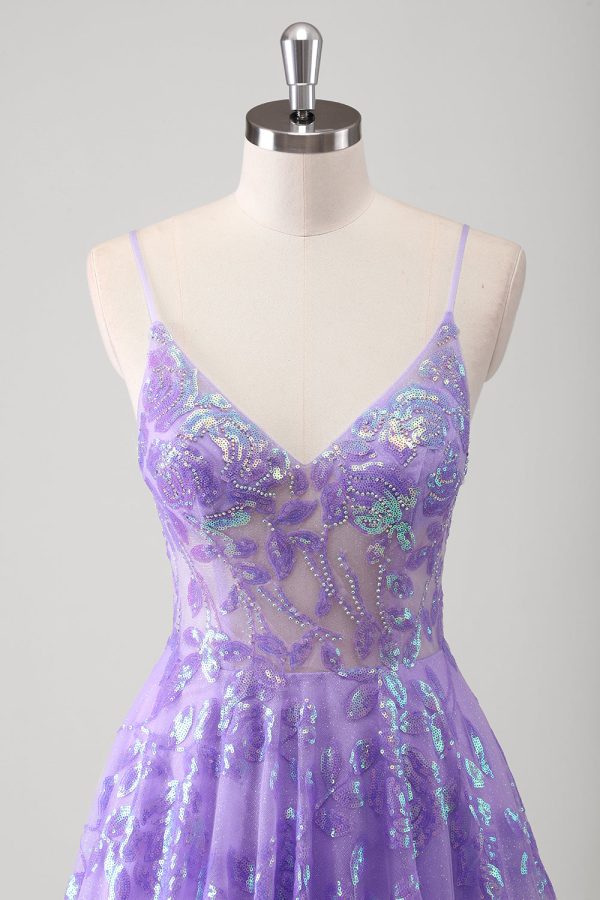 Sparkly Purple A Line Pleated Spaghetti Straps Prom Dress - Image 4