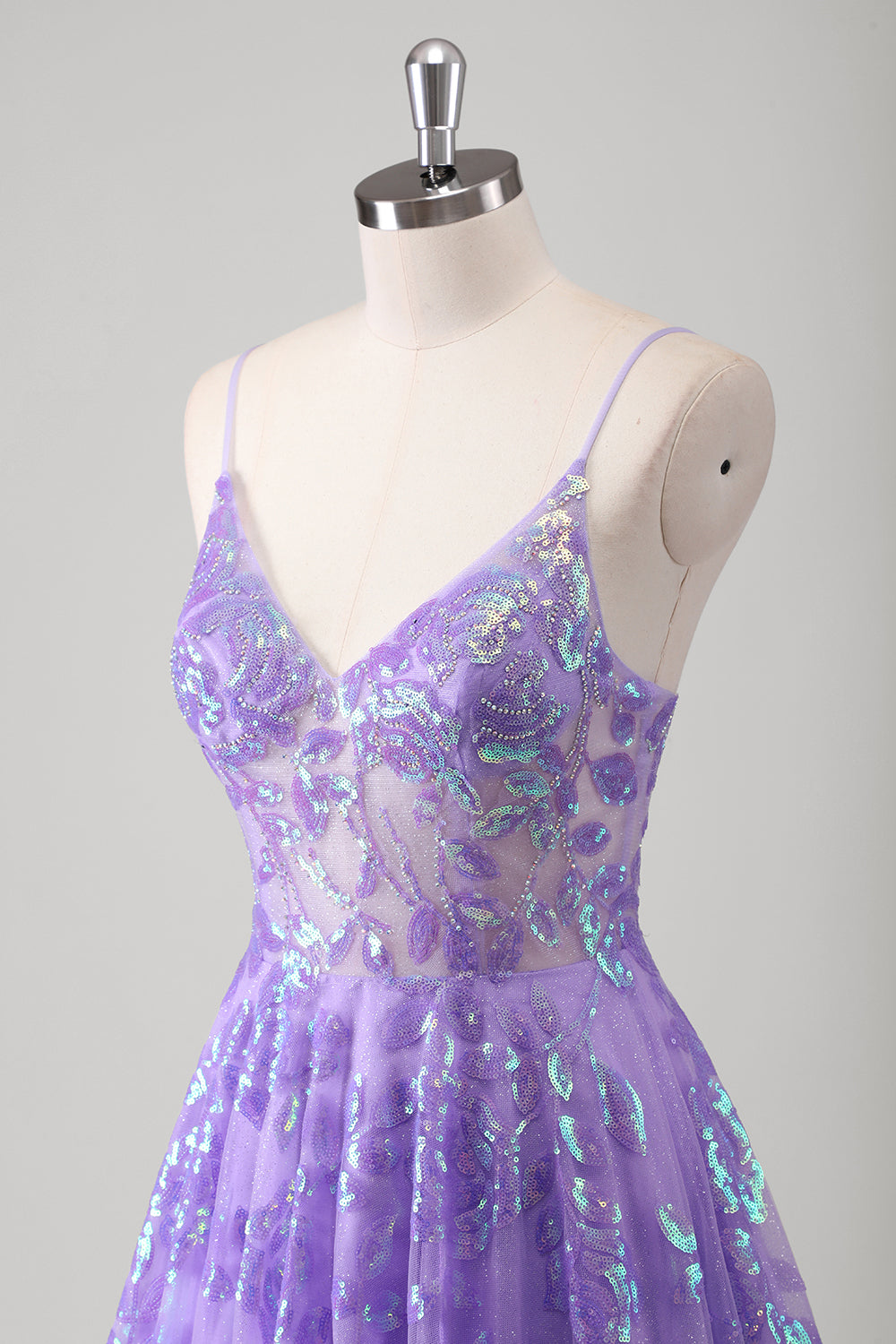 Sparkly Purple A Line Pleated Spaghetti Straps Prom Dress - Image 6
