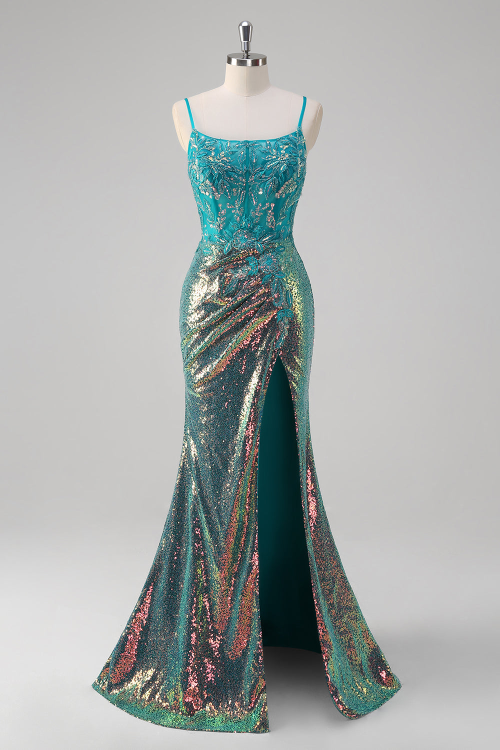 Sparkly Peacock Green Mermaid Slit Floor Length Prom Dress - Image 1