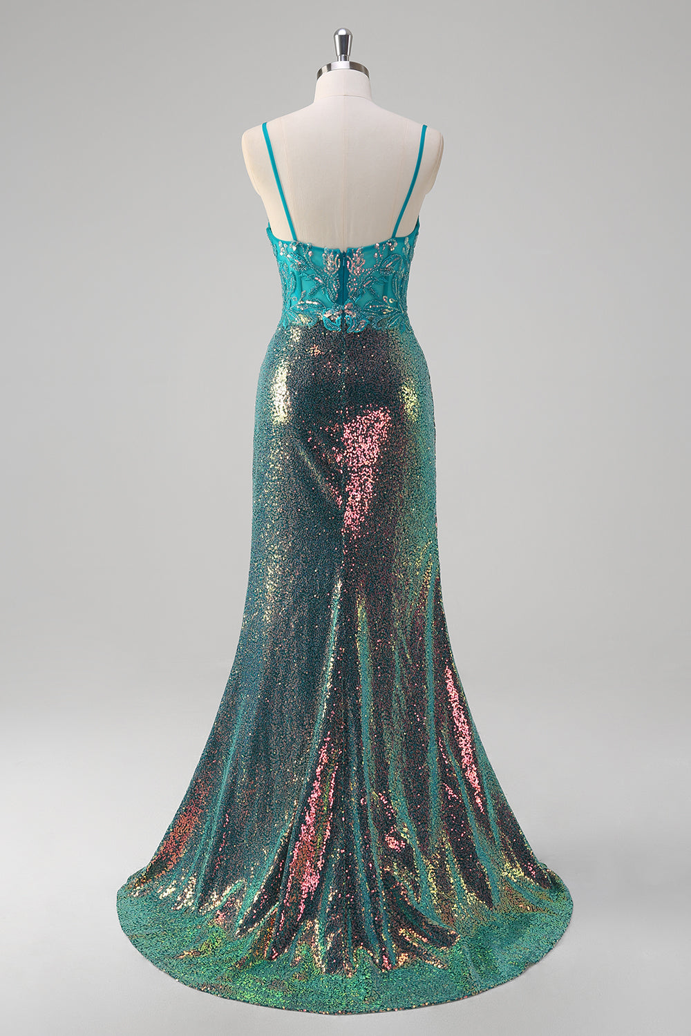 Sparkly Peacock Green Mermaid Slit Floor Length Prom Dress - Image 2