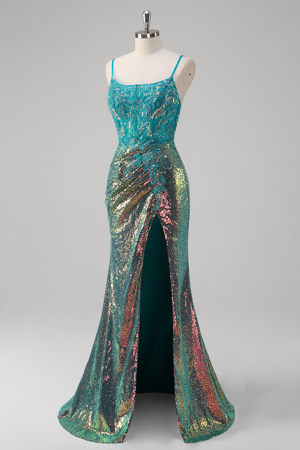 Sparkly Peacock Green Mermaid Slit Floor Length Prom Dress - Image 3