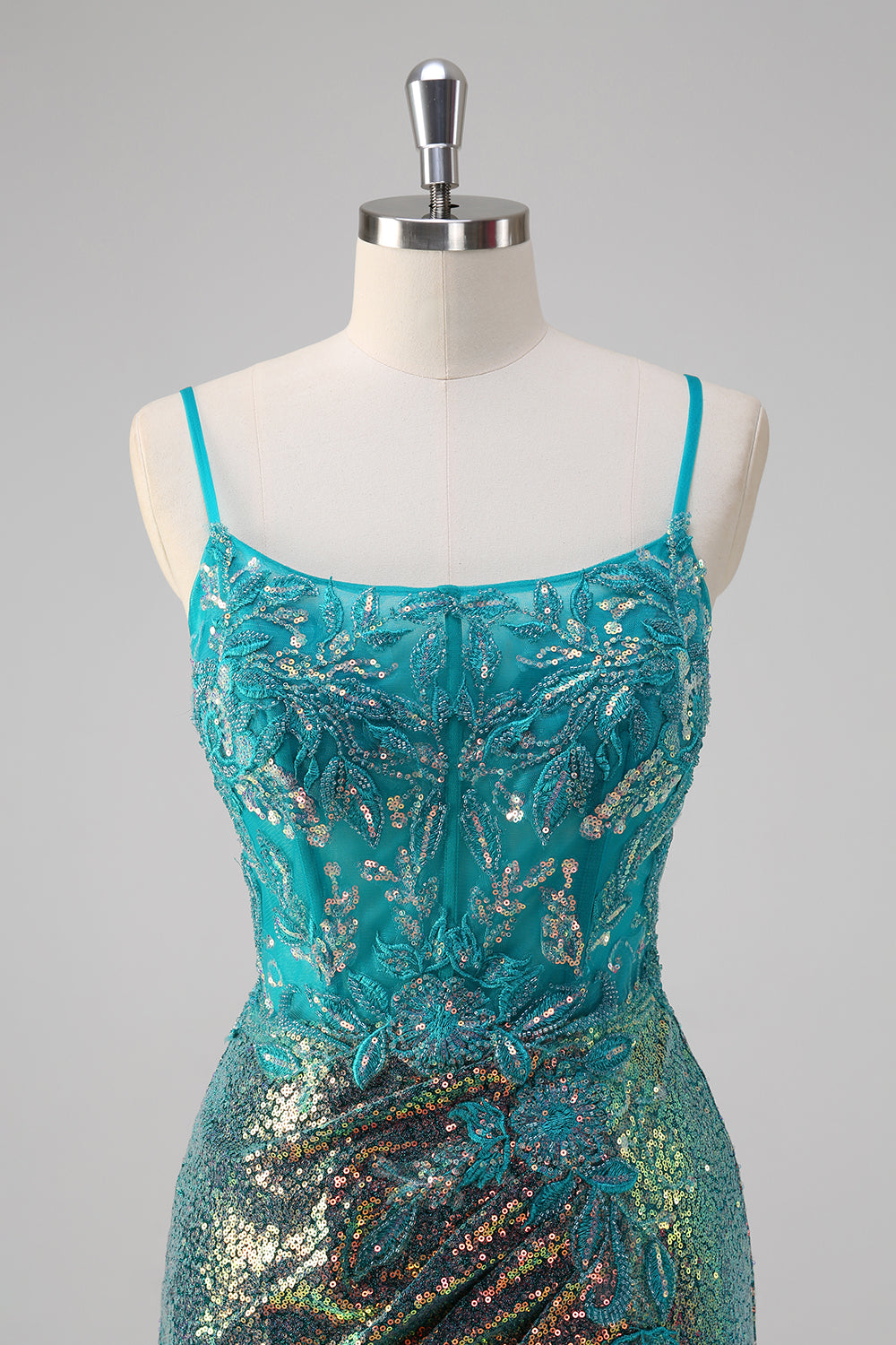 Sparkly Peacock Green Mermaid Slit Floor Length Prom Dress - Image 4