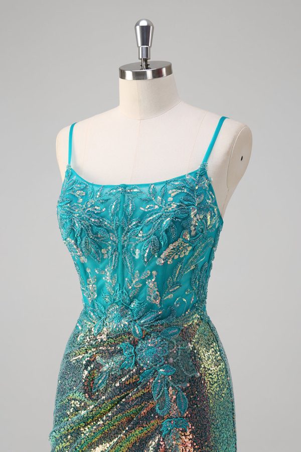 Sparkly Peacock Green Mermaid Slit Floor Length Prom Dress - Image 6