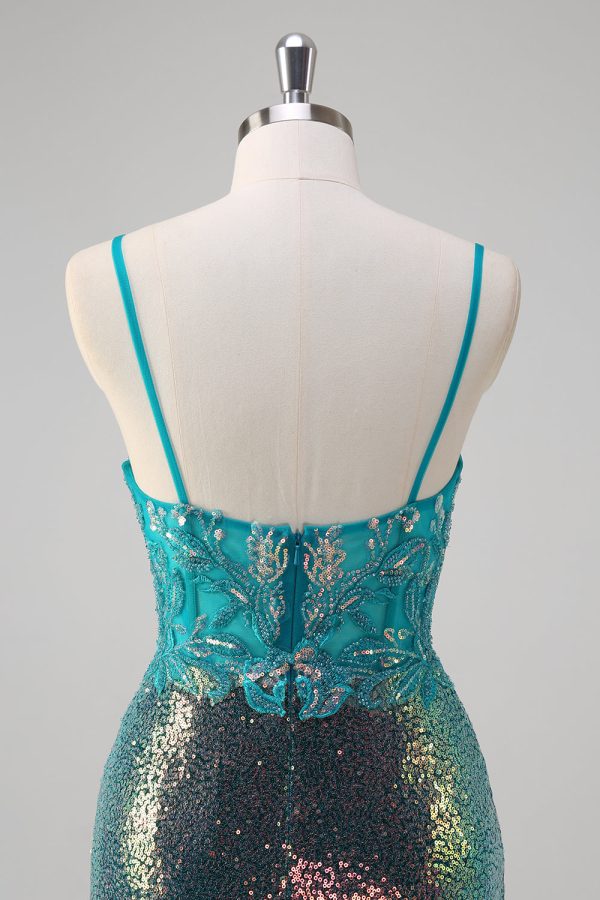 Sparkly Peacock Green Mermaid Slit Floor Length Prom Dress - Image 5