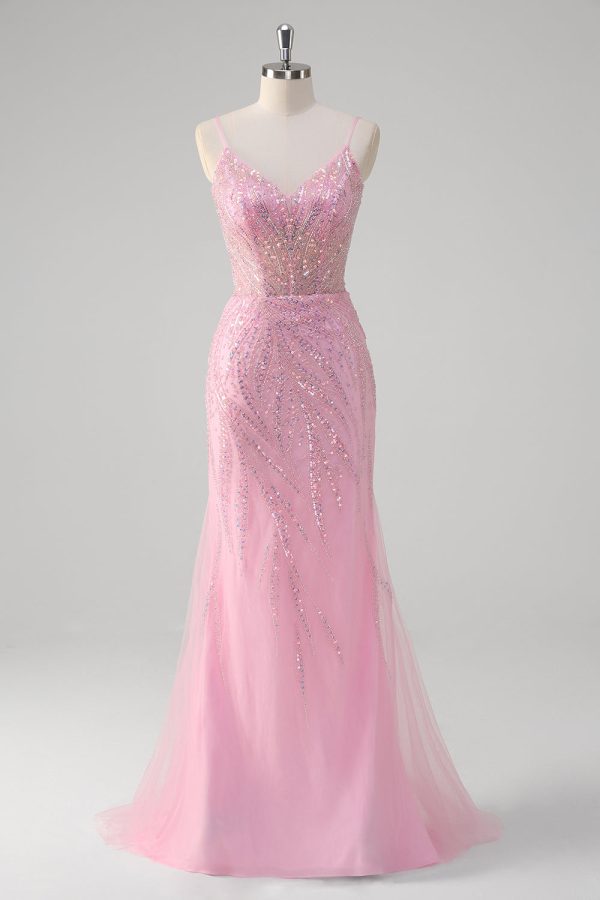 Sparkly Pink Sequined Tulle Mermaid Prom Dress