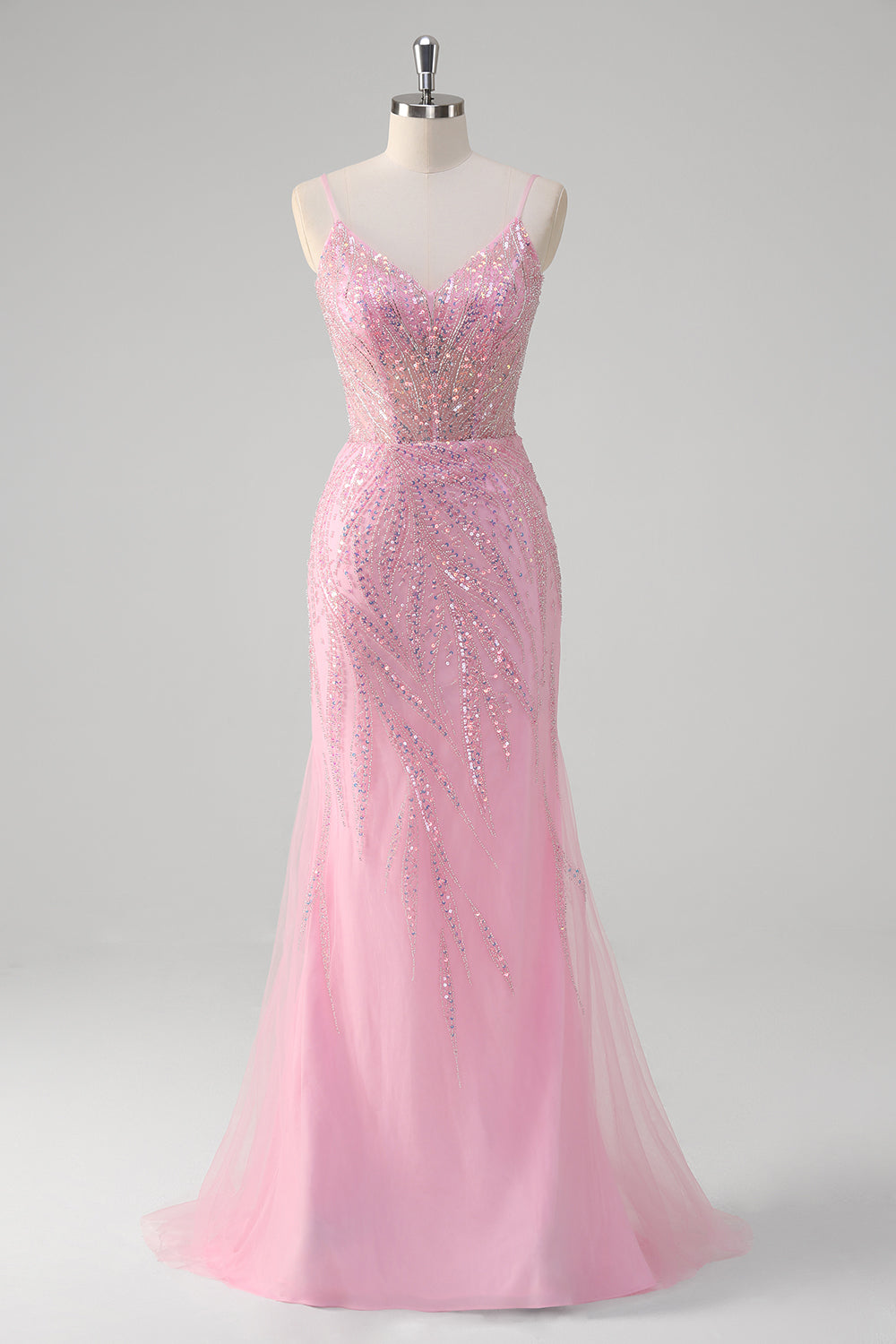 Sparkly Pink Sequined Tulle Mermaid Prom Dress - Image 1