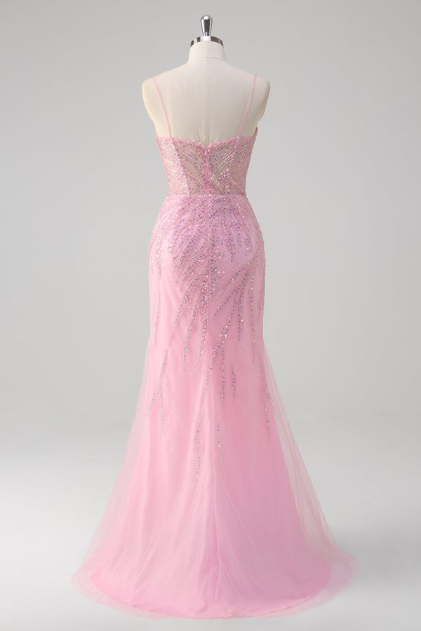 Sparkly Pink Sequined Tulle Mermaid Prom Dress - Image 2