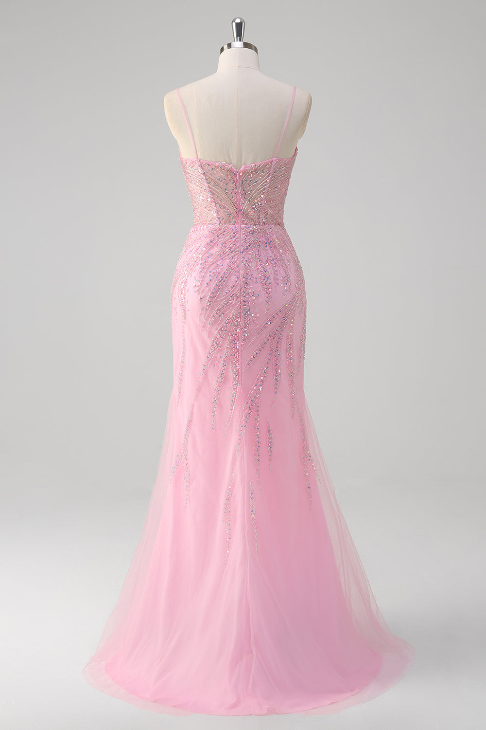 Sparkly Pink Sequined Tulle Mermaid Prom Dress - Image 2