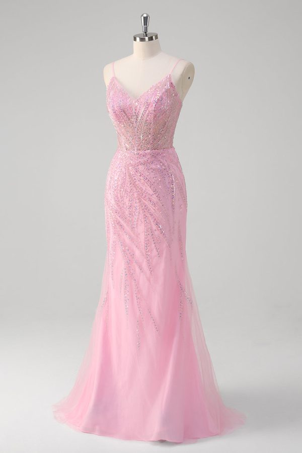 Sparkly Pink Sequined Tulle Mermaid Prom Dress - Image 3