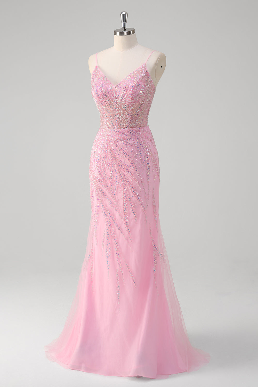 Sparkly Pink Sequined Tulle Mermaid Prom Dress - Image 3