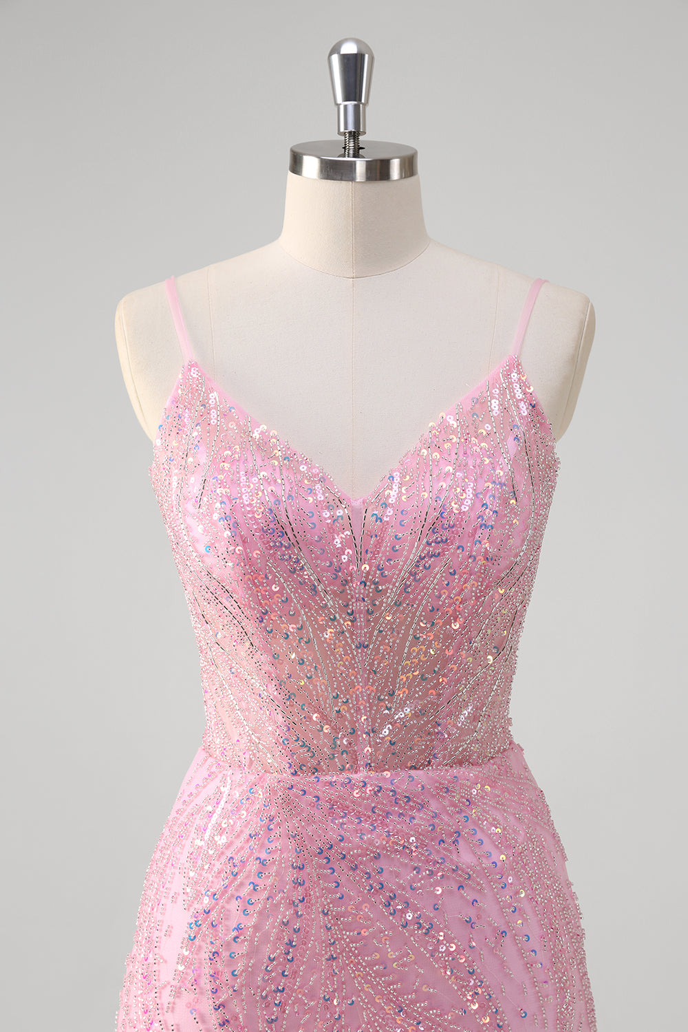 Sparkly Pink Sequined Tulle Mermaid Prom Dress - Image 4