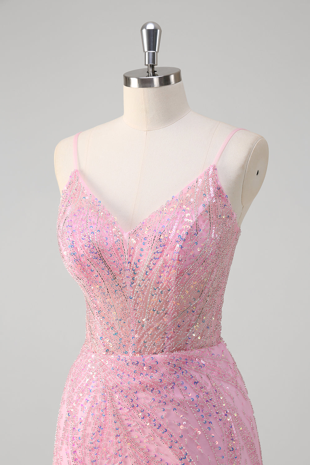 Sparkly Pink Sequined Tulle Mermaid Prom Dress - Image 6