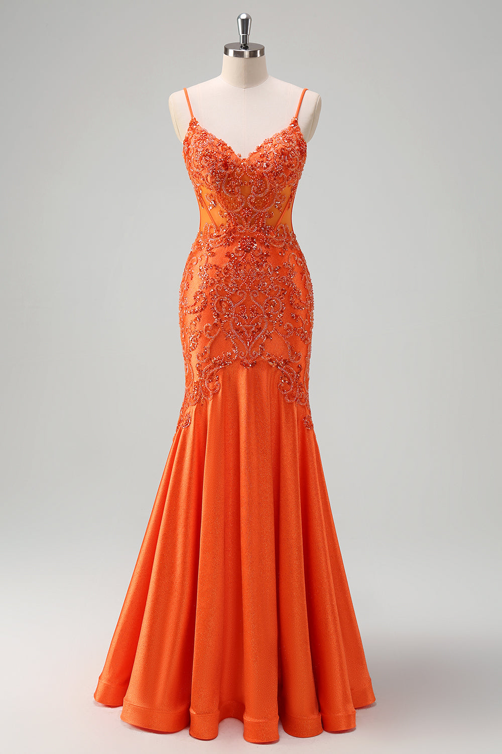 Sparkly Orange Beaded Corset Mermaid Prom Dress - Image 1