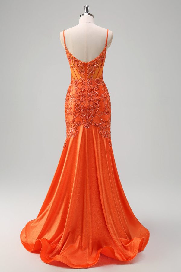 Sparkly Orange Beaded Corset Mermaid Prom Dress - Image 2