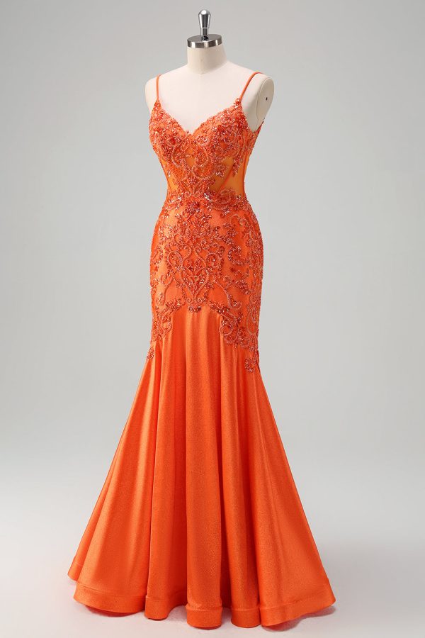 Sparkly Orange Beaded Corset Mermaid Prom Dress - Image 3