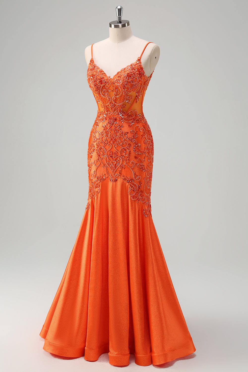 Sparkly Orange Beaded Corset Mermaid Prom Dress - Image 3