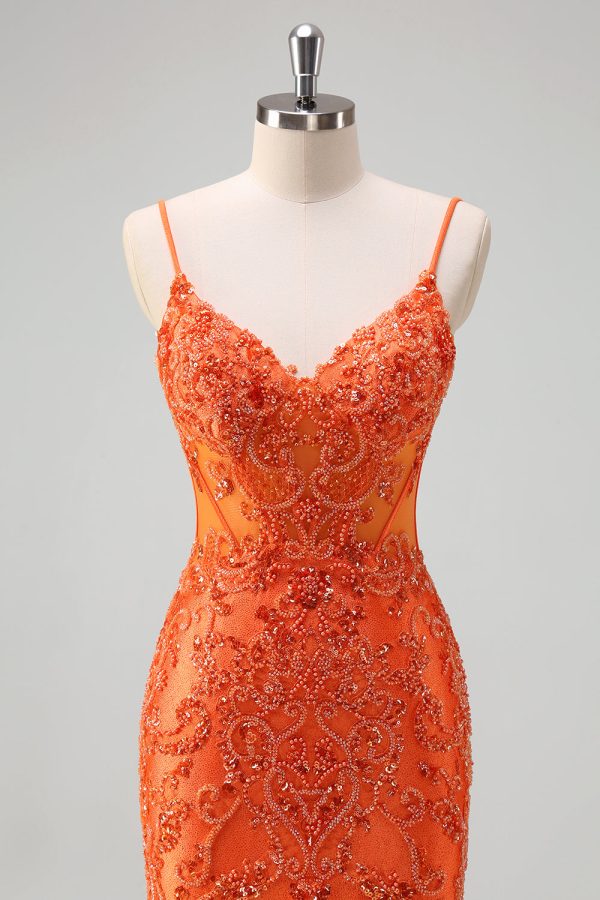 Sparkly Orange Beaded Corset Mermaid Prom Dress - Image 4