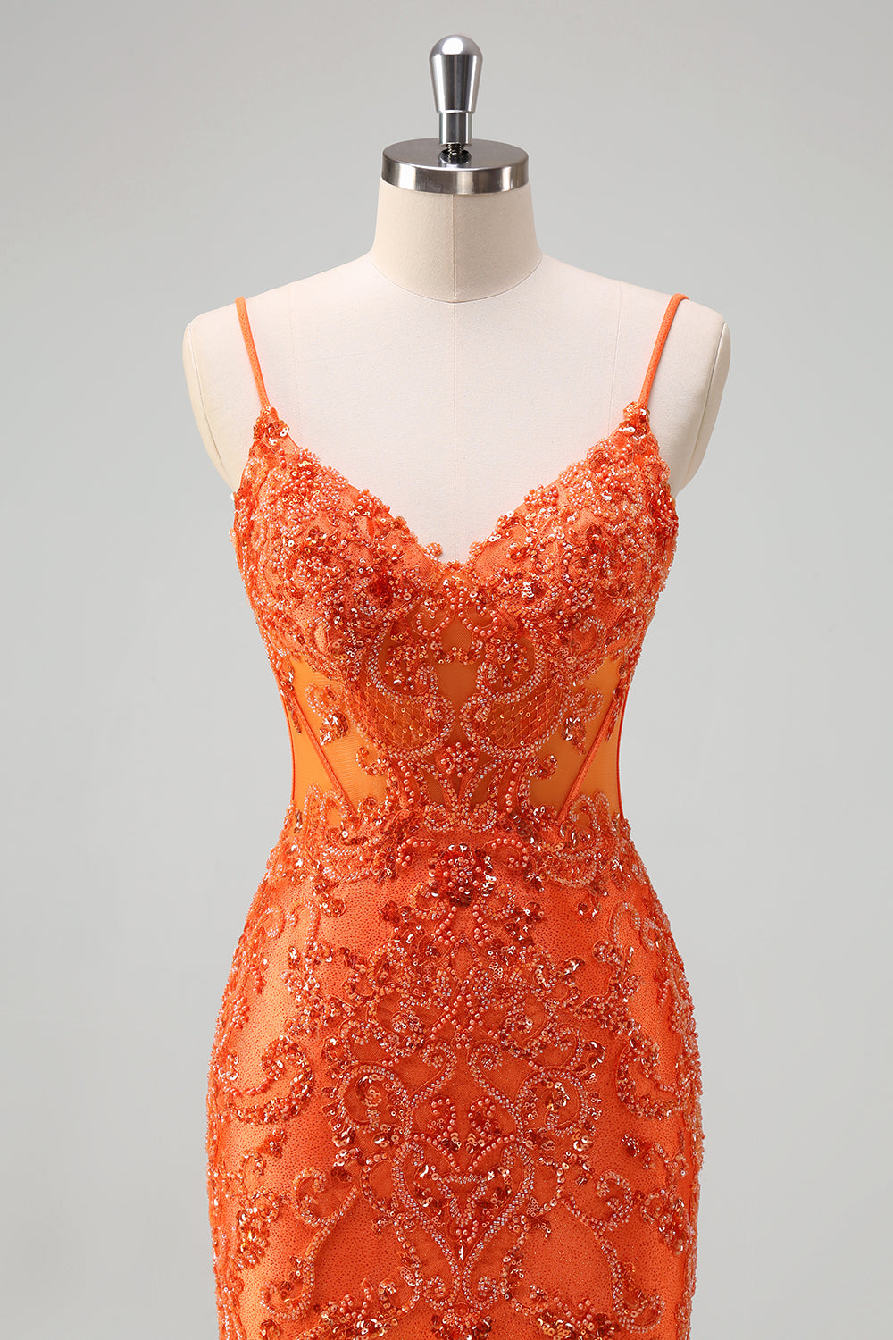 Sparkly Orange Beaded Corset Mermaid Prom Dress - Image 4