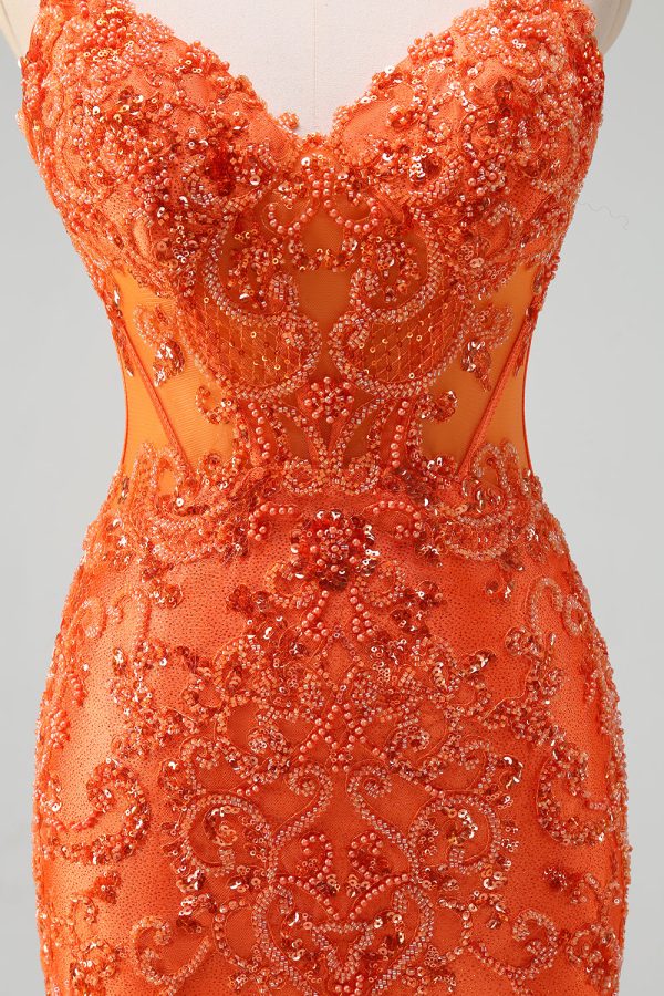 Sparkly Orange Beaded Corset Mermaid Prom Dress - Image 7