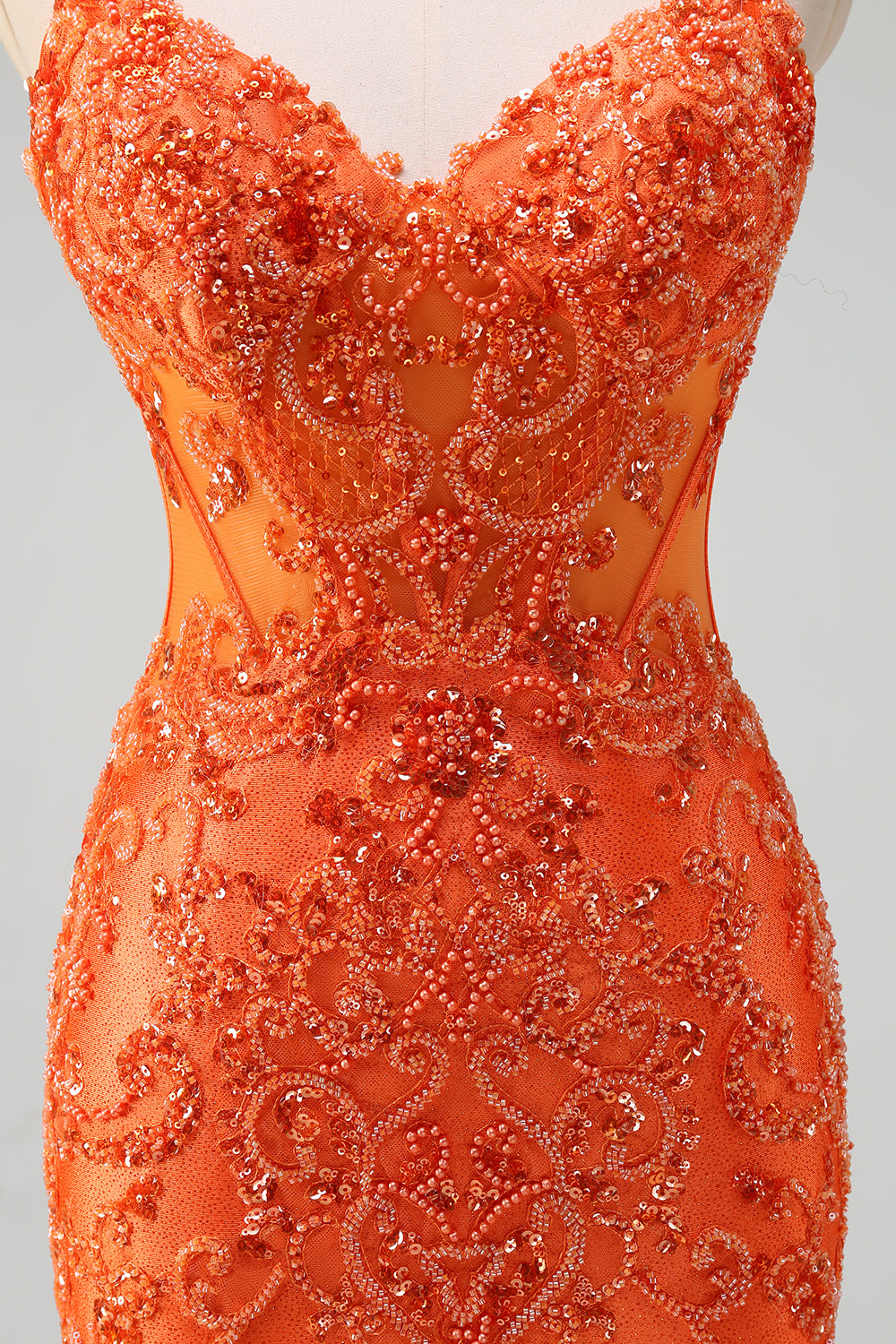 Sparkly Orange Beaded Corset Mermaid Prom Dress - Image 7