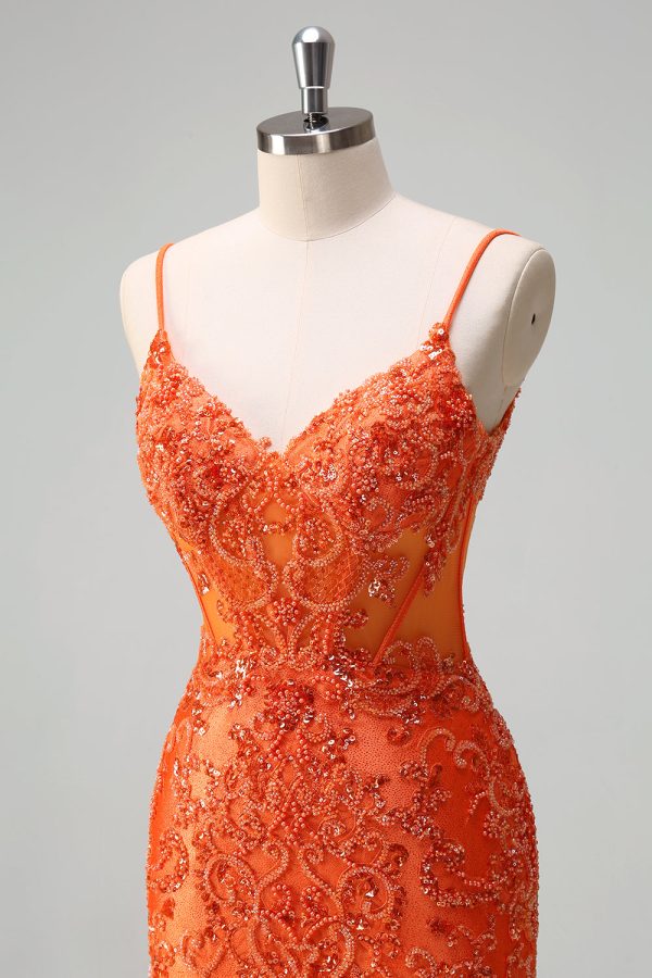 Sparkly Orange Beaded Corset Mermaid Prom Dress - Image 6