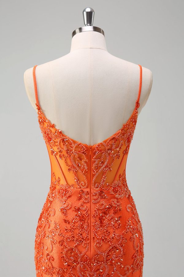 Sparkly Orange Beaded Corset Mermaid Prom Dress - Image 5
