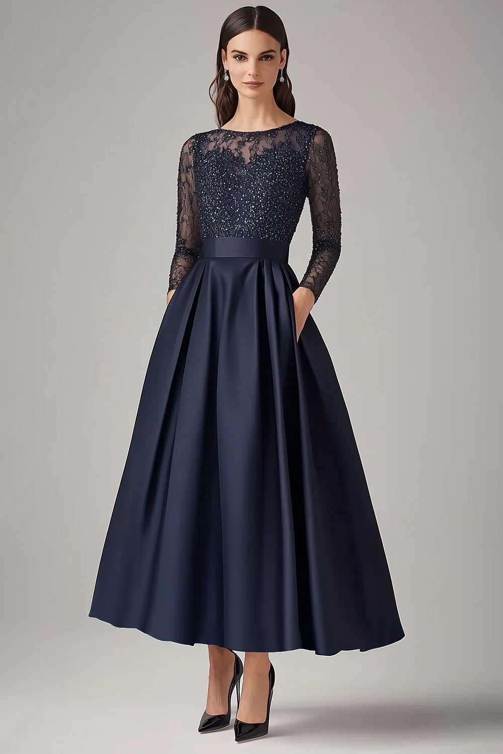 Sparkly Navy Beaded A Line Long Sleeves Mother Of the Bride Dress with Lace - Image 1