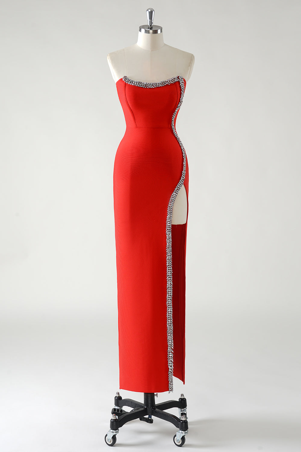 Sparkly Red Sheath Strapless Rhinestones Tea Length Prom Dress with Slit - Image 1