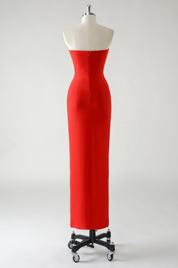 Sparkly Red Sheath Strapless Rhinestones Tea Length Prom Dress with Slit - Image 2