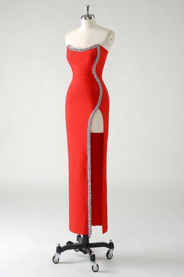 Sparkly Red Sheath Strapless Rhinestones Tea Length Prom Dress with Slit - Image 3