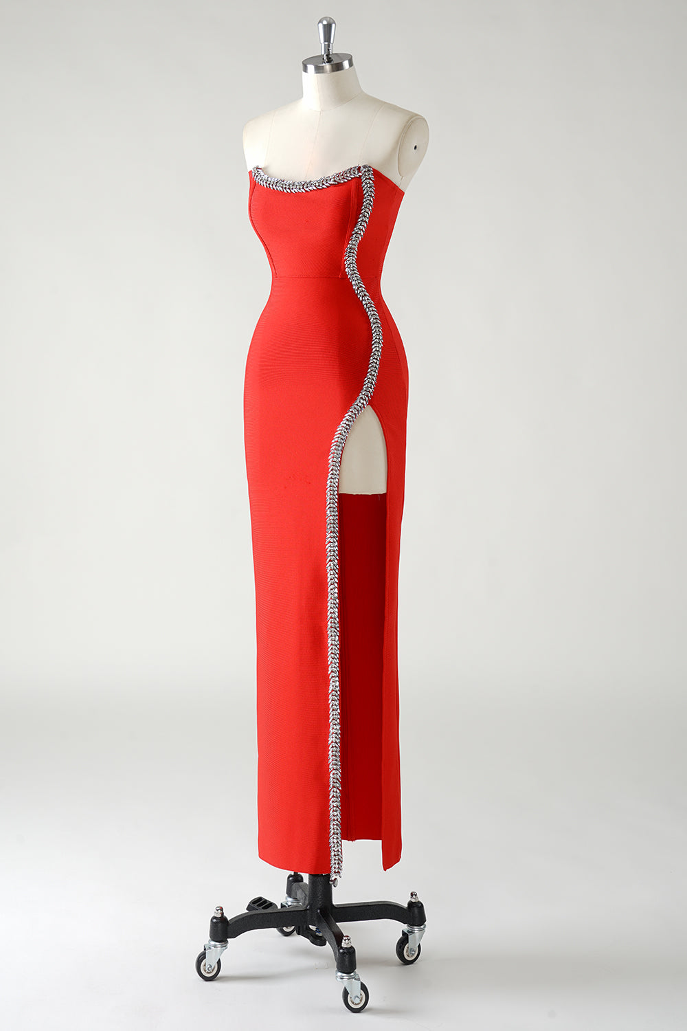 Sparkly Red Sheath Strapless Rhinestones Tea Length Prom Dress with Slit - Image 3