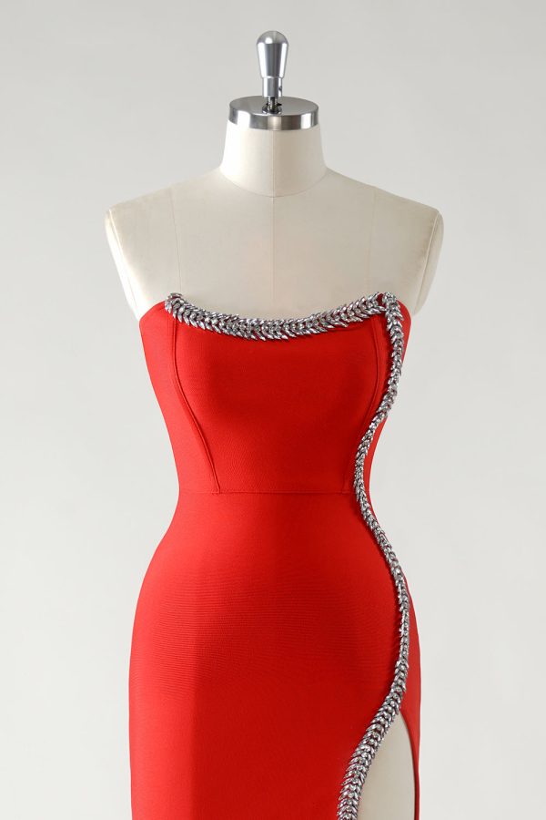 Sparkly Red Sheath Strapless Rhinestones Tea Length Prom Dress with Slit - Image 4